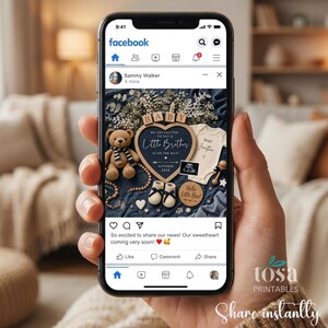 May include: A Facebook post announcing a baby. The image includes a teddy bear, baby clothes, and a heart-shaped sign that says "Little Brother." The post also includes the text "Hello Little Bro!" and "Share instantly."