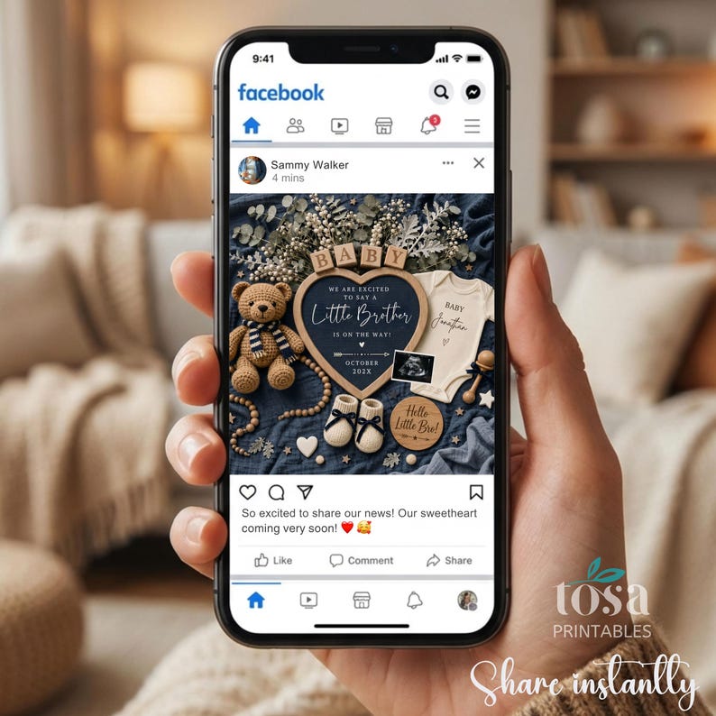 May include: A Facebook post announcing a baby. The image includes a teddy bear, baby clothes, and a heart-shaped sign that says "Little Brother." The post also includes the text "Hello Little Bro!" and "Share instantly."