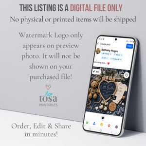 May include: A smartphone displays a digital baby announcement. The announcement includes a teddy bear, baby shoes, and the text "Little Brother." The listing is for a digital file only, with no physical items shipped. The text reads "Order, Edit & Share in minutes!"