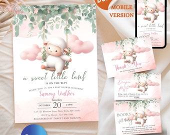 EDITABLE Pink Lamb Baby Shower Invitation Template INSTANT DOWNLOAD Canva Template Sheep Baby Shower Invitation Bundle Printable for Girls