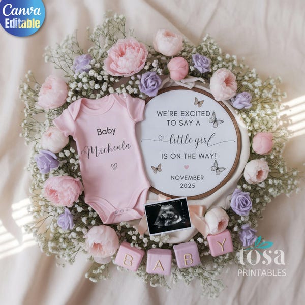 Anuncio de embarazo de Pink Girl: Letrero de letras, redes sociales (Edición en Canva)