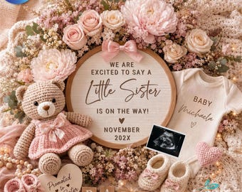 Little Sister is on the Way Pregnancy Announcement, Editable Canva Template for Baby Girl Reveal, Social Media Sibling Announcement Digital