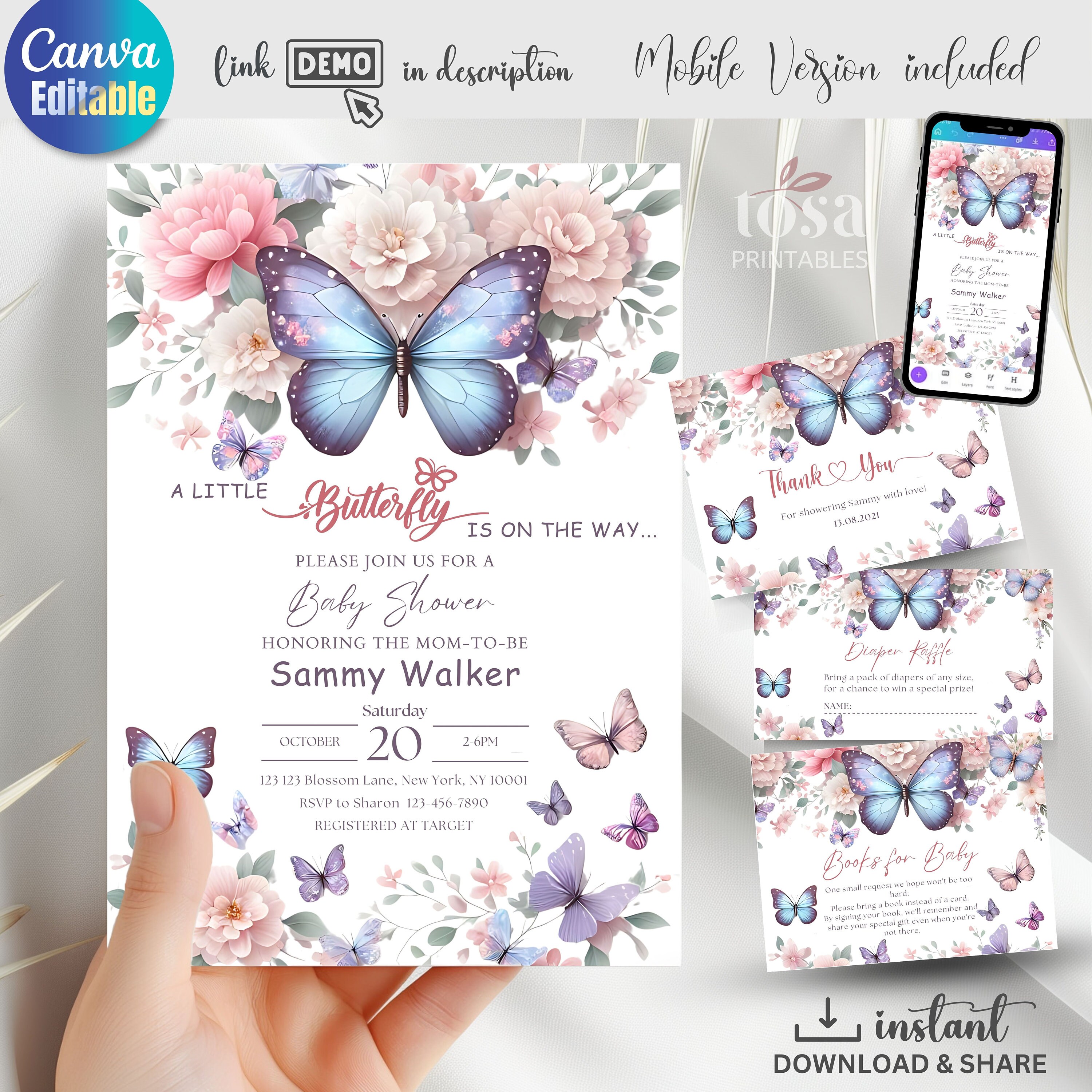 Butterfly Baby Shower Invitation Set: Editable Canva Template (digital ...