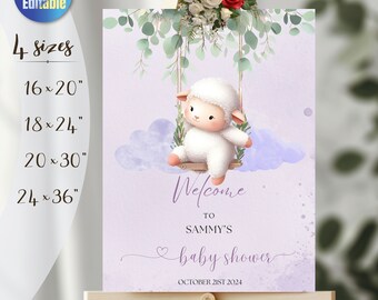 May include: A purple welcome sign with a cute white lamb on a swing. The sign says "Welcome to Sammy's Baby Shower" and "October 21st 2024".