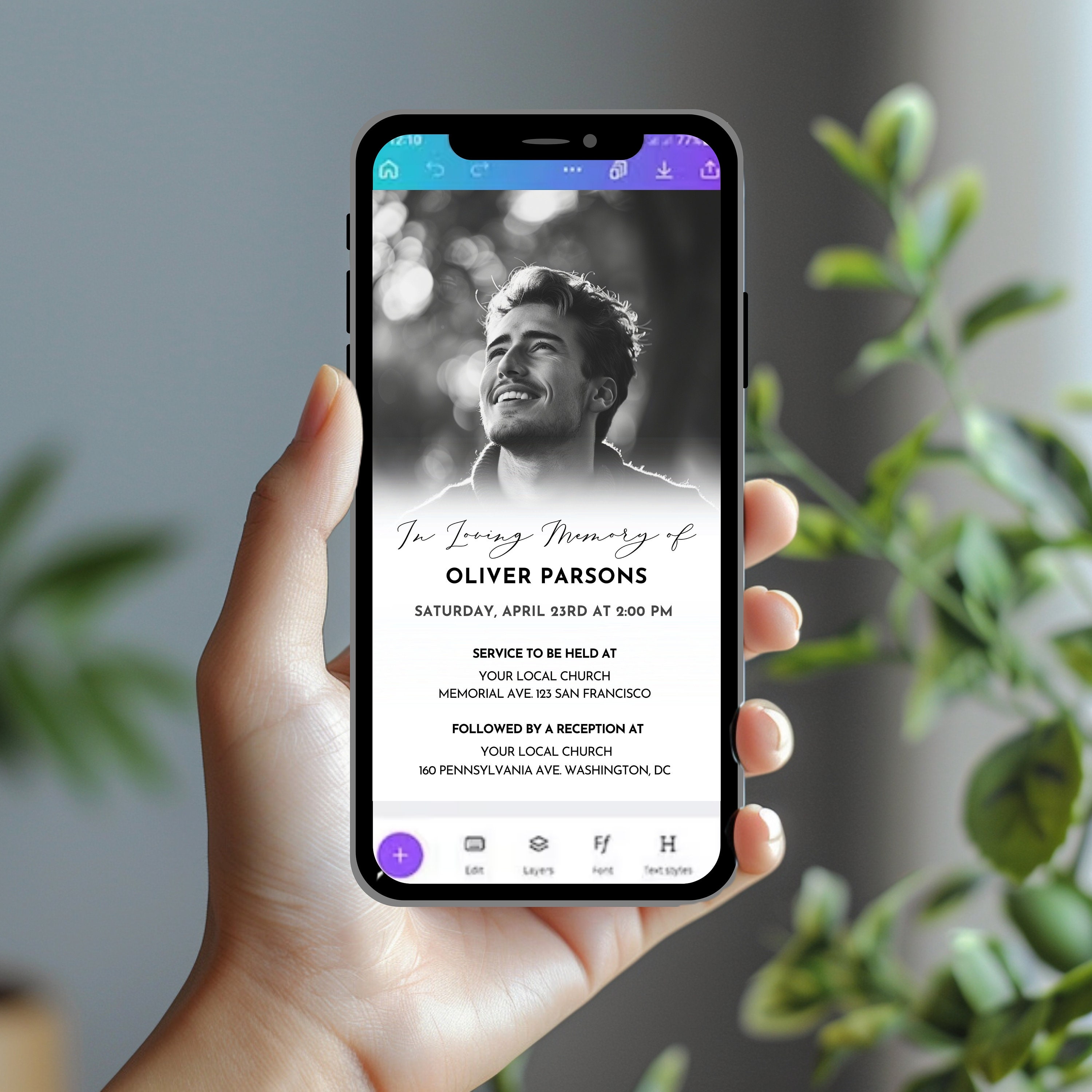 Editable in Loving Memory Evite Phone Invitation With Photo, Memorial
