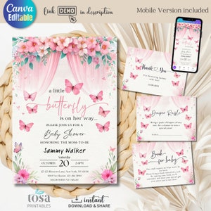 Pink Butterfly Baby Shower Invitation Set: Editable Canva Template (Digital Download)