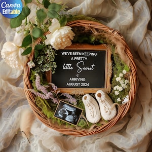 Digitale Mädchen Schwangerschaft Ankündigung Baby Reveal Ankündigung Social Media Facebook Instagram Editierbare Vorlage Canva Baby Reveal