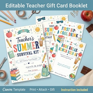 Op de afbeelding: Een bewerkbaar cadeaubonboekje voor leraren genaamd Teacher's Summer Survival Kit, met kleurrijke illustraties van schoolspullen, fruit en drankjes. De pagina's bevatten tekstvakken voor cadeaubonnen, omringd door potloden, scharen en paperclips.