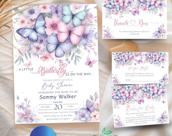 May include: A printable baby shower invitation with a watercolor butterfly design in shades of pink, purple, and blue. The invitation text reads "A Little Butterfly is on the way... Please join us for a Baby Shower honoring the Mom-to-be Sammy Walker Saturday, October 20, 2:00 PM 123 123 Blossom Lane, New York, NY 10001 RSVP to Sharon 123-456-7890 Registered at Target".
