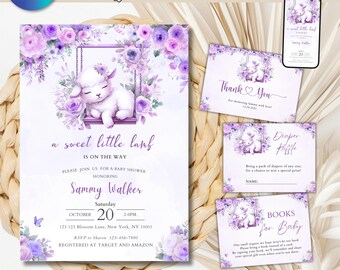 May include: Baby shower invitation set with a sleeping lamb on a swing, surrounded by purple flowers. Includes a mobile version, thank you card, diaper raffle card, and a book for baby card. The invitation text reads "a sweet little lamb".