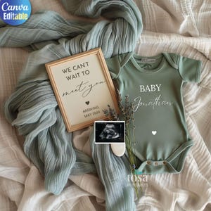 Digital Sage Minimalistische Schwangerschaftsankündigung Baby offenbaren Neutrales Geschlecht Social Media Facebook Instagram Bearbeitbare Vorlage Canva Boy