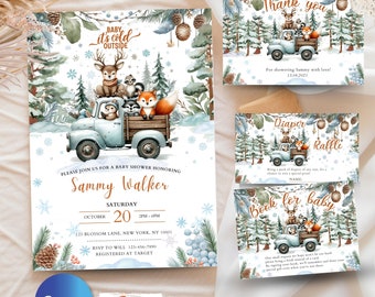 EDITABLE Rustic Winter Woodland Deer Fox Racoon Baby Shower Invitation Boy Blush Truck Baby It's Cold Outside Invite Bundle Instant Download