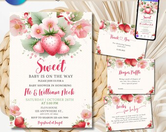 Strawberry Baby Shower Invitation Bundle: Editable Canva Template (Digital Download)