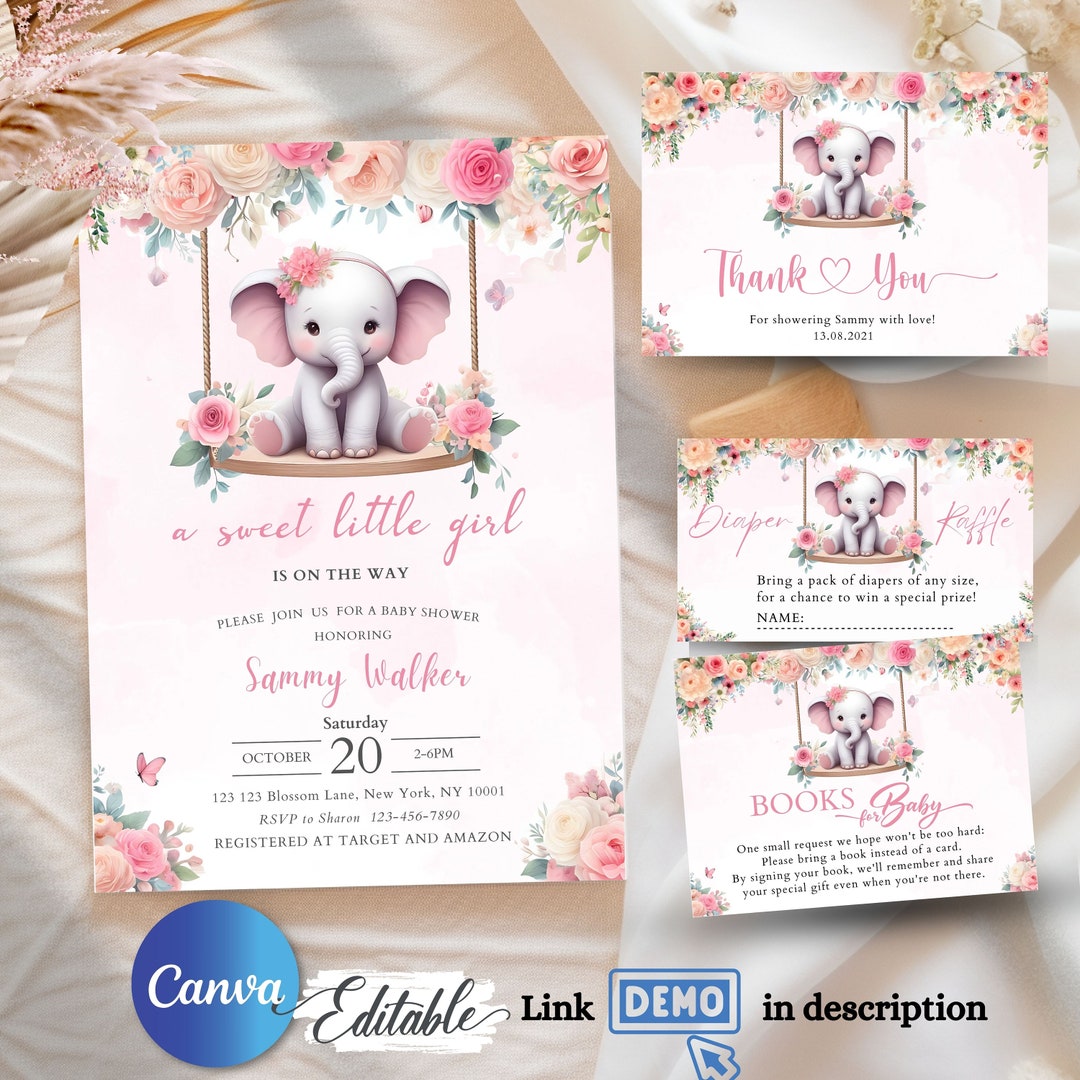 EDITABLE Blush Pink Rose Gold Elephant Baby Shower Invitation Template ...