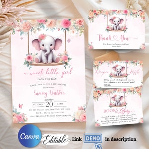 Blush Pink Elephant Baby Shower Invitation Template (Canva Editable, Instant Download)