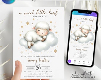 May include: A baby shower invitation with a cute illustration of a white lamb sleeping on a cloud with gold stars. The text reads "a sweet little lamb is on the way" and includes the name "Sammy Walker" and details for the shower.