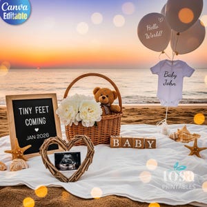 Neutral Beach Bear Pregnancy Announcement: Canva Template (Digital Download)