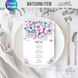 Plantilla de menú de baby shower de mariposa Baby shower Tarjeta de menú de mariposa Plantilla editable Descarga instantánea Canva imprimible personalizado TSP16