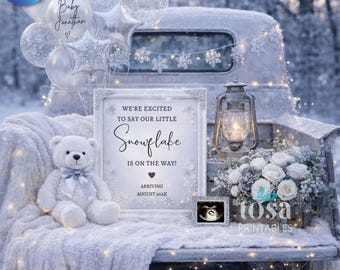 Little Snowflake is on the Way Reveal, Cozy White Winter Pregnancy Announcement, Editable Canva Template, Snow Baby Announcement