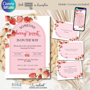 EDITABLE Strawberry Baby Shower Invitation Template INSTANT DOWNLOAD Canva Template Berry Sweet Baby on the Way Invitation Bundle for Girls