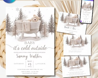 Redigerbar vinterinbjudan till babyshower: Boho-björntema (nedladdning av Canva)