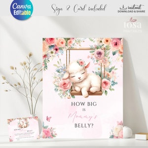 EDITÁVEL Cordeiro Adivinhe o tamanho da barriga da mamãe Jogo Cordeiro Menina Chá de bebê para impressão digital Download Canva Sign and Card Template TSP24