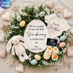 May include: A baby announcement featuring a wreath with eggs, a plush bunny, and text saying "We're excited to say our little Somebunny is on the way!" and "Baby Jonathan." Includes baby shoes, a onesie, and a sonogram image. Due August 2026.
