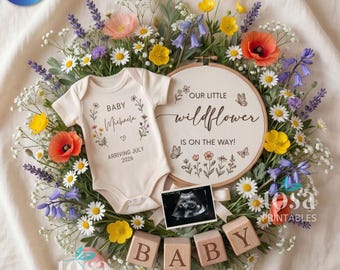 A Little Wildflower Is On The Way Pregnancy Announcement, Spring Baby Girl Reveal, Editable Canva Template Digital Social Media Floral