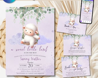 May include: A purple baby shower invitation featuring a cute cartoon lamb on a swing. The invitation reads "a sweet little lamb is on the way" and includes the name Sammy Walker, the date 20th October, and the time 2-6 PM. The invitation also includes the address 123 123 Blossom Lane, New York, NY 10001, the RSVP number 123-456-7890, and the information that the couple is registered at Target and Amazon.