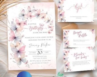 May include: A printable baby shower invitation set featuring a pink and blue butterfly theme. The invitation includes a watercolour butterfly design with the text "A Little Butterfly is on the Way". The set also includes a thank you card and a diaper raffle card.