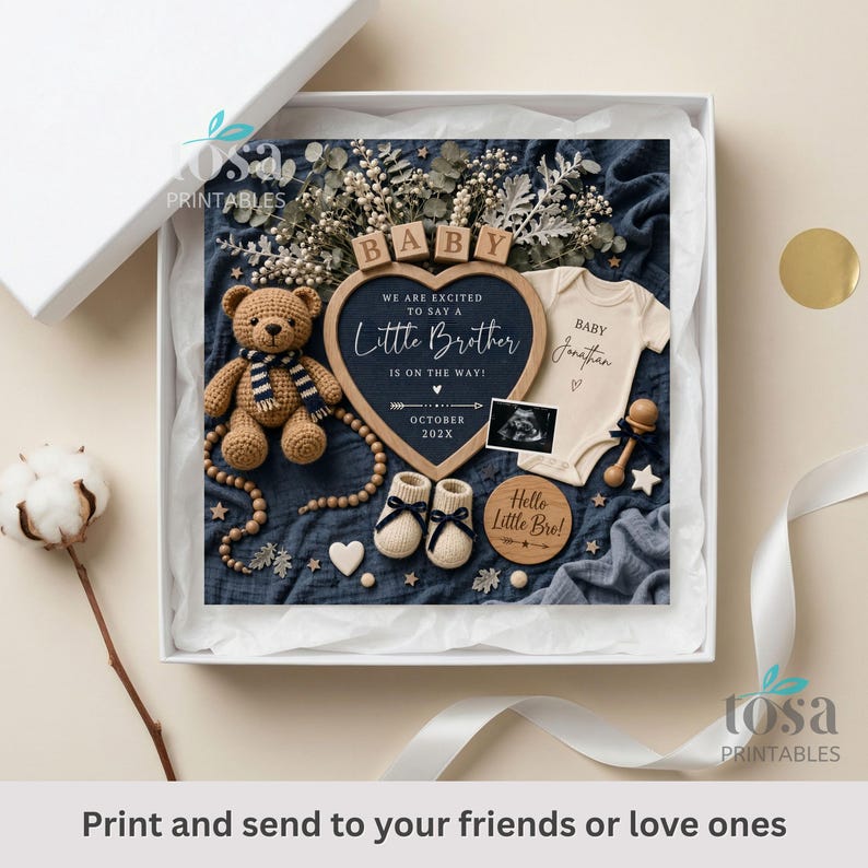 May include: A baby announcement gift box with a teddy bear, baby clothes, and a heart-shaped sign that says "Little Brother." The announcement includes the baby's name and due date. The box is white with a blue background.