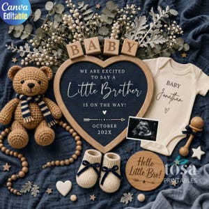 May include: A baby announcement with a teddy bear, wooden blocks spelling "BABY", and a heart-shaped sign that says "We are excited to say a Little Brother is on the way!" Includes a baby onesie, booties, and a wooden rattle.