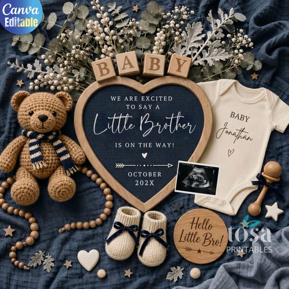 Little Brother on the Way Pregnancy Announcement for Boy, Digital Canva Template for Social Media, Baby Boy Reveal, Editable Blue Baby News