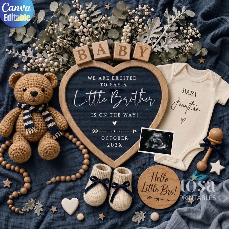May include: A baby announcement with a teddy bear, wooden blocks spelling "BABY", and a heart-shaped sign that says "We are excited to say a Little Brother is on the way!" Includes a baby onesie, booties, and a wooden rattle.