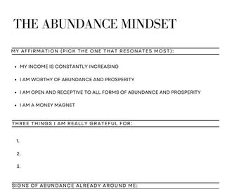 The Abundance Mindset Worksheet | Creating Abundance and Prosperity | Mindset Shifts | Raise Your Vibration | Journal Prompts | Affirmations