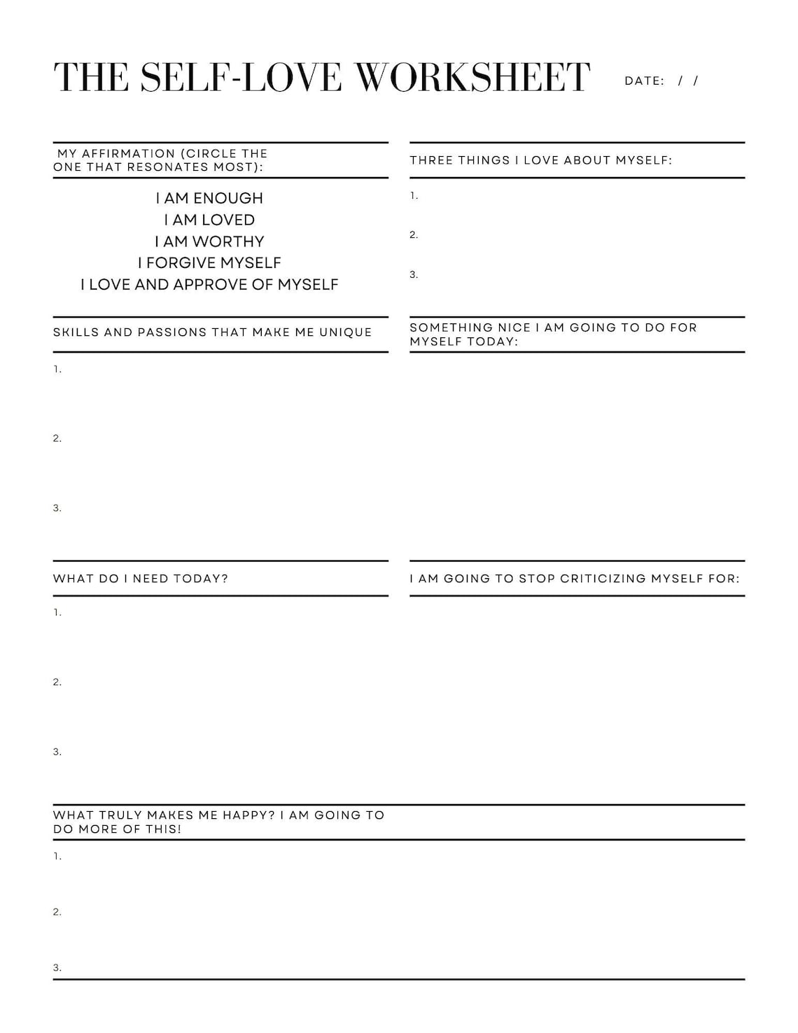 The Self Love Worksheet Self Love Developing Self Worth Daily Affirmations Creating Joy
