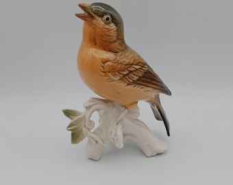Vintage Karl Ens Buchfink Figur, 1950er Jahre Vogel auf Zweig
