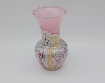 Vintage hand-painted pink studio glass vase from Israel, perfect condition, 4 1/4&quot; high, perfect condition, delicate design, soft colours