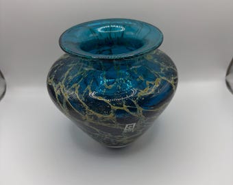 Mdina 'Blue Crizzle Maltese Blue & Yellow Glass Vintage vase, signed on the base, heavy, with maker's sticker, approx. 4.5 inch high (11 cm)