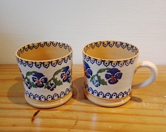 Nicholas Mosse Irish Ceramic mugs, set of 2, small mugs, blue pansy design, 2 3/4" high, 3" wide, crafted in Ireland, discontinued