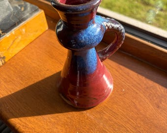 Michael Kennedy Irish Pottery Vintage Glossy  Handmade Candle holder with Handle, Donegal Studio, Ireland, red, blue, made in Ireland