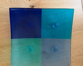 Vintage Andrew Galvin signed blue studio glass footed platter with 4 feet, square,  fused colour glass