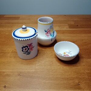 Vintage Poole pottery Art deco stylised floral design, collection of 3: bud vase, honey or preserve pot & small bowl, marked Poole pottery.