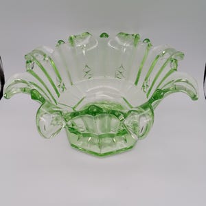 Art Deco Inspired Glass Centrepiece, green glass fruit or candy decorative bowl, approx. 4.5&quot;H, 10.5&quot; W, Floral Petal Shapes, octogonal base