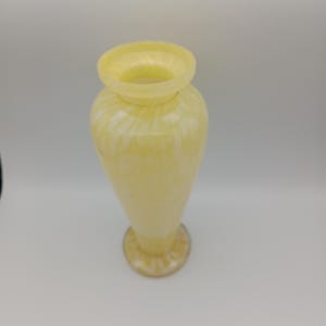 Studio yellow glass vase, handmade glass, elegant tall at 8 1/4&quot; high, white milky streaks on the body and blotches on base, a happy colour