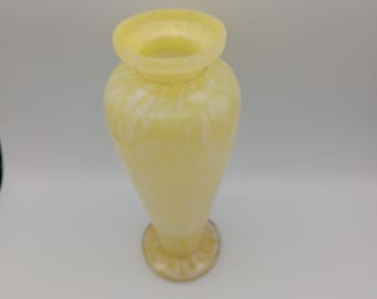 Studio yellow glass vase, handmade glass, elegant tall at 8 1/4&quot; high, white milky streaks on the body and blotches on base, a happy colour