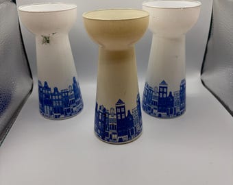 Set of 3 Vintage White Opaline Glass Hyacinth Vases Blue Dutch Amsterdam Houses, tulip bulb or avocado vases