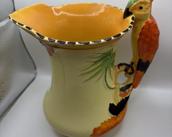 Burleigh Ware Art Deco Ceramic Jug, Parrot Handle, Butterfly Palm Tree (1930's England),  Size - 21/19cm