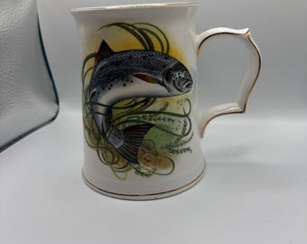 Vintage large fish fishing Hamersley mug, made in England, 5" high (12.5 cm)