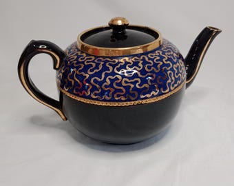 Vintage Sudlow's Burslem Teapot: Cobalt Blue & Gold Gilt, Made in England